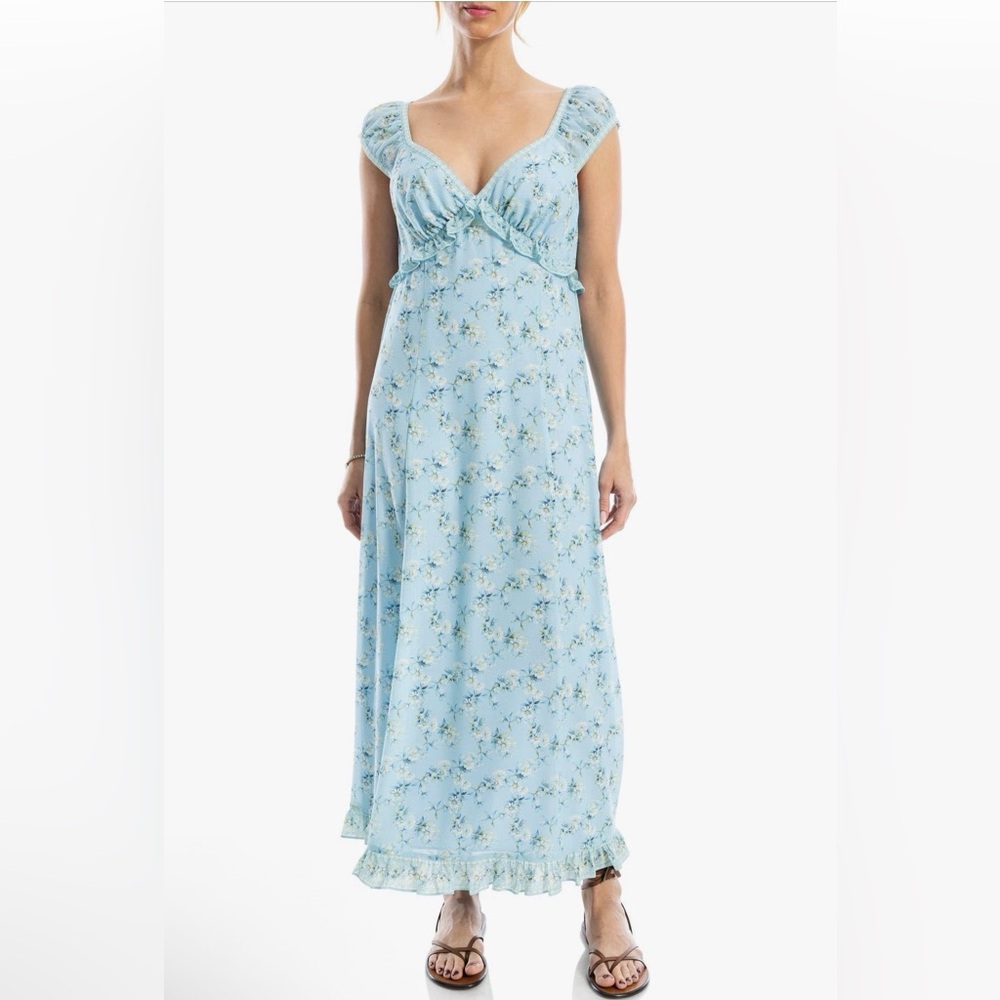 Max Studio Light Blue Floral Cap Sleeve‎ Empire Waist Maxi Dress